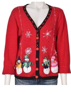 Vintage Ugly Christmas Snowman Cardigan Sweater Red Knit Beaded Sequins Large